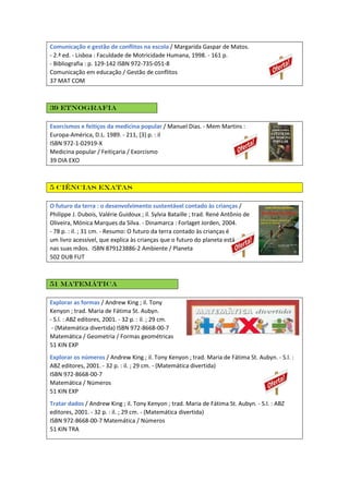 Comunicação e gestão de conflitos na escola / Margarida Gaspar de Matos.
- 2.ª ed. - Lisboa : Faculdade de Motricidade Humana, 1998. - 161 p.
- Bibliografia : p. 129-142 ISBN 972-735-051-8
Comunicação em educação / Gestão de conflitos
37 MAT COM
39 Etnografia
Exorcismos e feitiços da medicina popular / Manuel Dias. - Mem Martins :
Europa-América, D.L. 1989. - 211, [3] p. : il
ISBN 972-1-02919-X
Medicina popular / Feitiçaria / Exorcismo
39 DIA EXO
5 Ciências exatas
O futuro da terra : o desenvolvimento sustentável contado às crianças /
Philippe J. Dubois, Valérie Guidoux ; il. Sylvia Bataille ; trad. René Antônio de
Oliveira, Mónica Marques da Silva. - Dinamarca : Forlaget Jorden, 2004.
- 78 p. : il. ; 31 cm. - Resumo: O futuro da terra contado às crianças é
um livro acessível, que explica às crianças que o futuro do planeta está
nas suas mãos. ISBN 879123886-2 Ambiente / Planeta
502 DUB FUT
51 Matemática
Explorar as formas / Andrew King ; il. Tony
Kenyon ; trad. Maria de Fátima St. Aubyn.
- S.l. : ABZ editores, 2001. - 32 p. : il. ; 29 cm.
- (Matemática divertida) ISBN 972-8668-00-7
Matemática / Geometria / Formas geométricas
51 KIN EXP
Explorar os números / Andrew King ; il. Tony Kenyon ; trad. Maria de Fátima St. Aubyn. - S.l. :
ABZ editores, 2001. - 32 p. : il. ; 29 cm. - (Matemática divertida)
ISBN 972-8668-00-7
Matemática / Números
51 KIN EXP
Tratar dados / Andrew King ; il. Tony Kenyon ; trad. Maria de Fátima St. Aubyn. - S.l. : ABZ
editores, 2001. - 32 p. : il. ; 29 cm. - (Matemática divertida)
ISBN 972-8668-00-7 Matemática / Números
51 KIN TRA
 