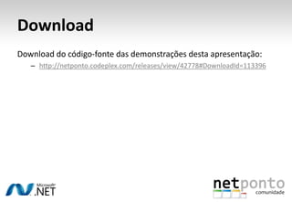 ReferênciasDynamic Language Runtime Overviewhttp://msdn.microsoft.com/en-us/library/dd233052(VS.100).aspxCovariance and ContravarianceFAQhttp://blogs.msdn.com/csharpfaq/archive/2010/02/16/covariance-and-contravariance-faq.aspxDynamic in C# 4.0: Creating Wrappers with DynamicObjecthttp://blogs.msdn.com/csharpfaq/archive/2009/10/19/dynamic-in-c-4-0-creating-wrappers-with-dynamicobject.aspx
