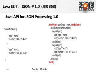 Java EE 7 : JSON-P 1.0 (JSR 353)
# 43
Java API for JSON Processing 1.0
Fonte : Oracle
 