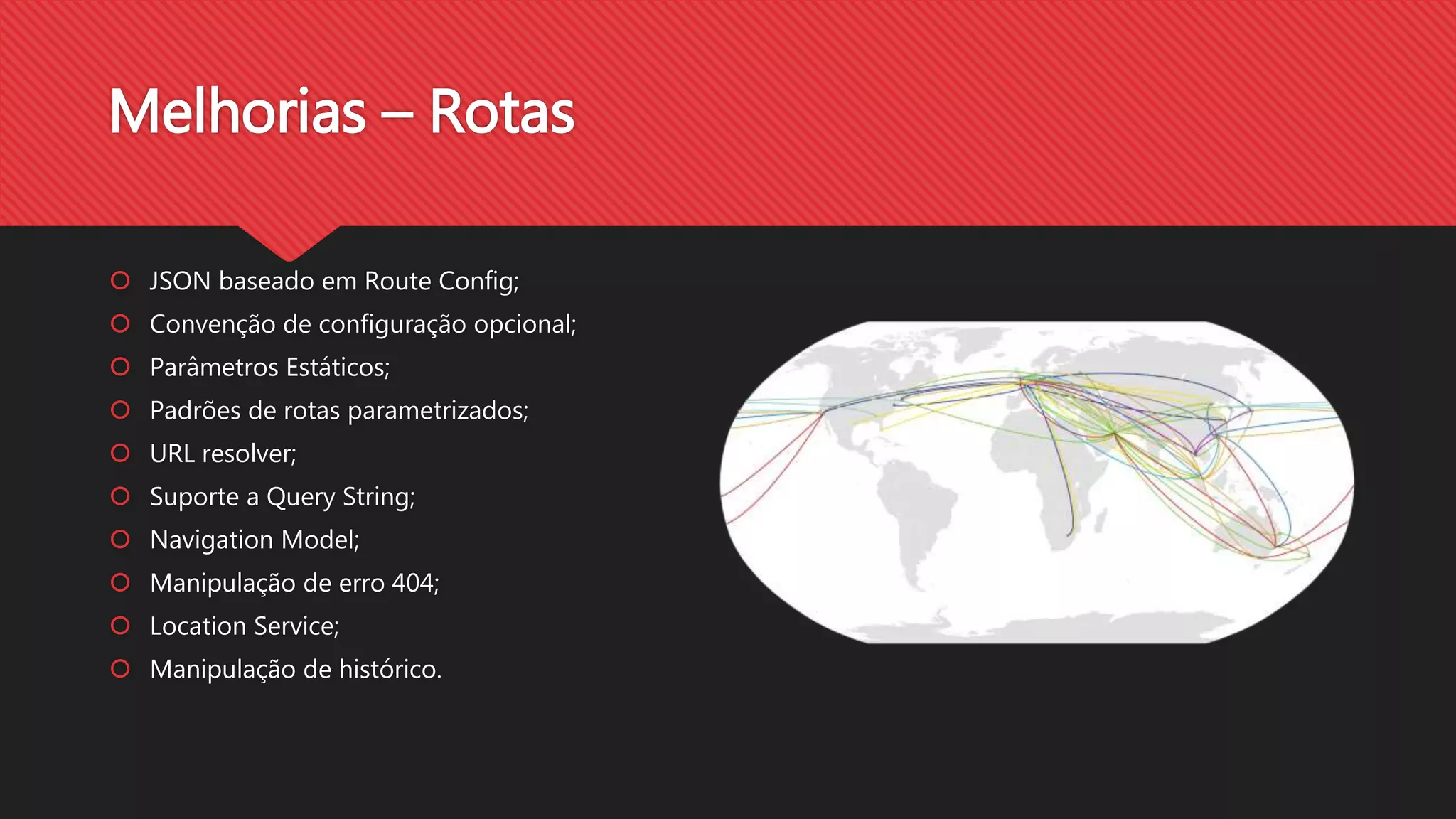 Melhorias – Rotas
JSON baseado em Route Config;
Convenção de configuração opcional;
Parâmetros Estáticos;
Padrões de rotas parametrizados;
URL resolver;
Suporte a Query String;
Navigation Model;
Manipulação de erro 404;
Location Service;
Manipulação de histórico.