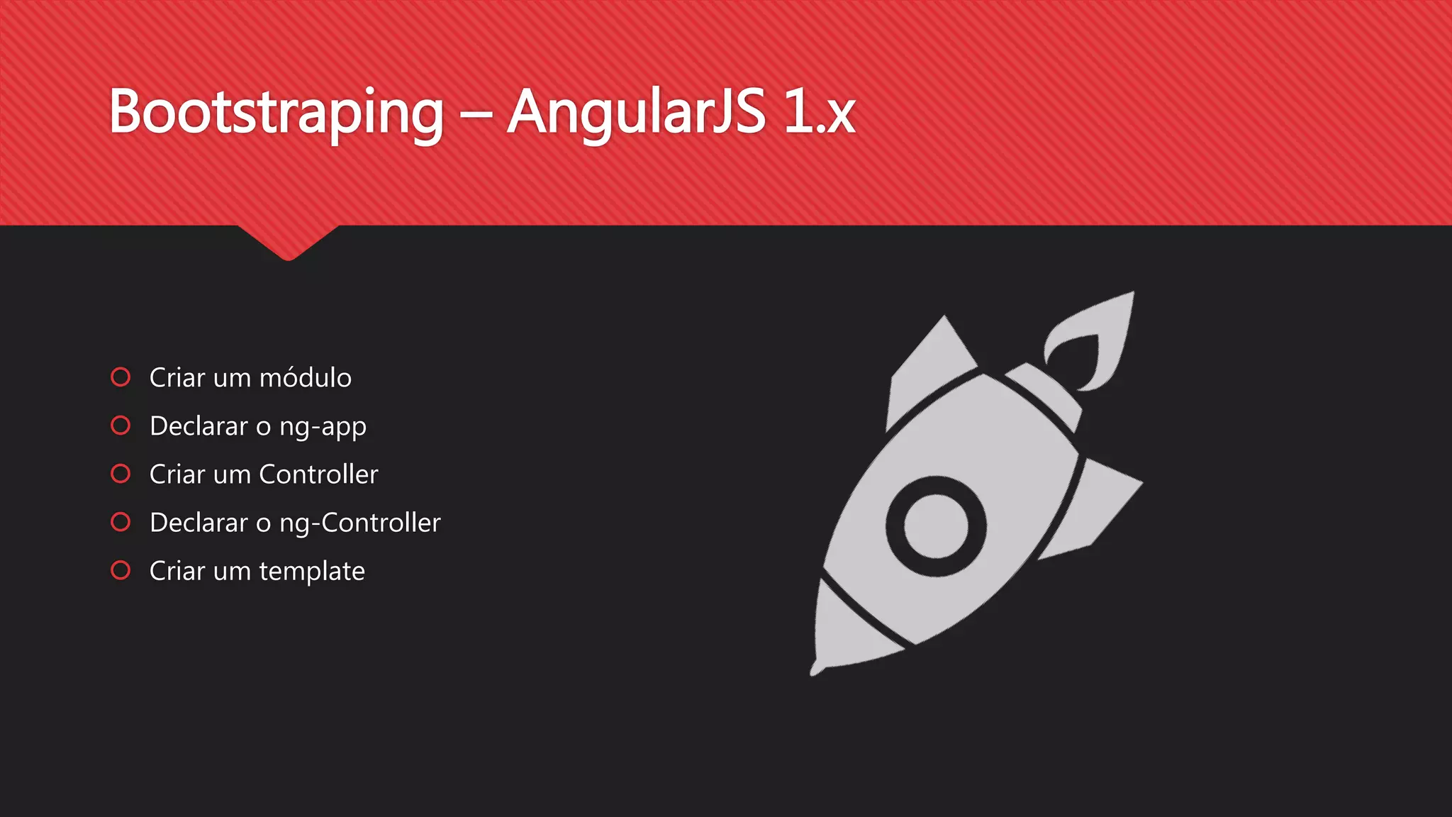 Bootstraping – AngularJS 1.x
Criar um módulo
Declarar o ng-app
Criar um Controller
Declarar o ng-Controller
Criar um template