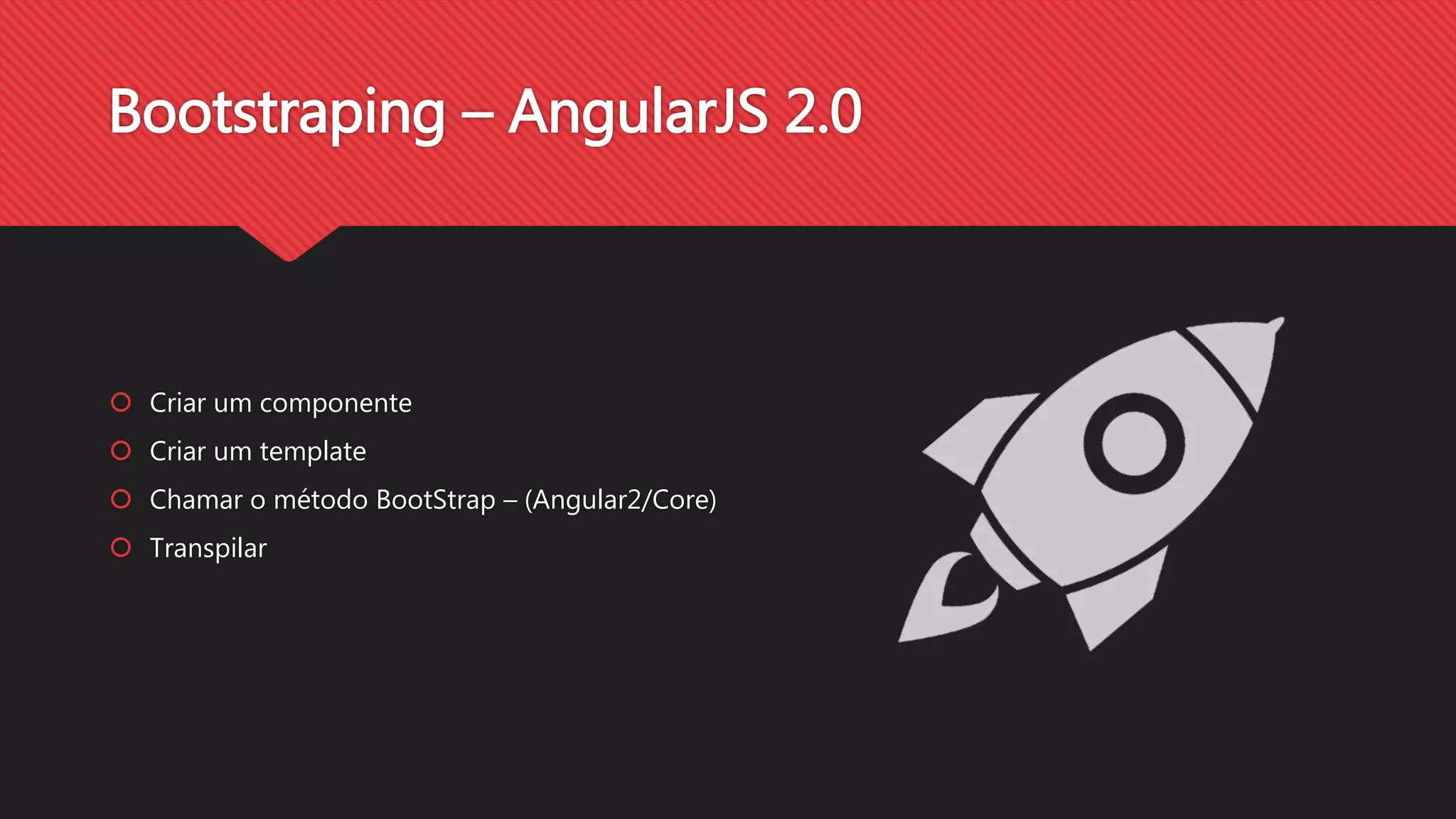 Bootstraping – AngularJS 2.0
Criar um componente
Criar um template
Chamar o método BootStrap – (Angular2/Core)
Transpilar