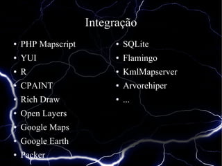 Integração
●   PHP Mapscript        ●   SQLite
●   YUI                  ●   Flamingo
●   R                    ●   KmlMapserver
●   CPAINT               ●   Arvorehiper
●   Rich Draw            ●   ...
●   Open Layers
●   Google Maps
●   Google Earth
●   Packer
 