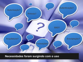 Autenticação?
 Autorização?
                Anexos?




                                    SSO?




Arquitetura?                                  Encriptação?

                      Transações?




Necessidades foram surgindo com o uso
 