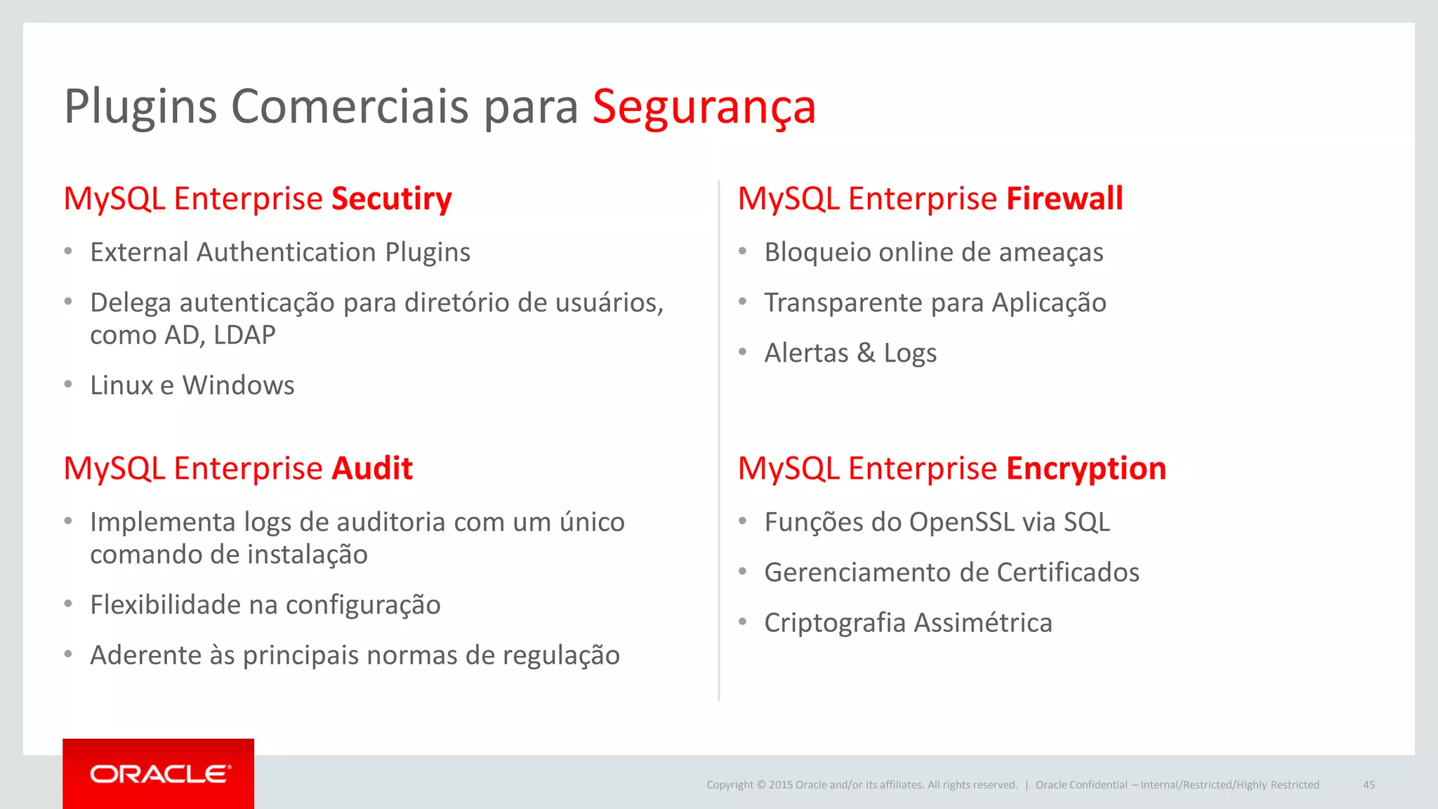 Copyright © 2015 Oracle and/or its affiliates. All rights reserved. |
MySQL Enterprise Secutiry
• External Authentication Plugins
• Delega autenticação para diretório de usuários,
como AD, LDAP
• Linux e Windows
MySQL Enterprise Firewall
• Bloqueio online de ameaças
• Transparente para Aplicação
• Alertas & Logs
Oracle Confidential – Internal/Restricted/Highly Restricted 45
MySQL Enterprise Audit
• Implementa logs de auditoria com um único
comando de instalação
• Flexibilidade na configuração
• Aderente às principais normas de regulação
MySQL Enterprise Encryption
• Funções do OpenSSL via SQL
• Gerenciamento de Certificados
• Criptografia Assimétrica
Plugins Comerciais para Segurança
 