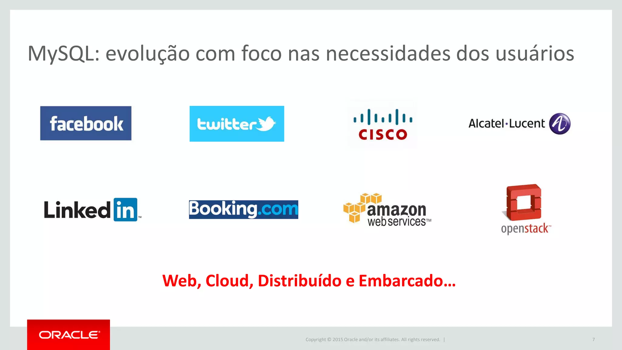 Copyright © 2015 Oracle and/or its affiliates. All rights reserved. |
MySQL: evolução com foco nas necessidades dos usuários
7
Web, Cloud, Distribuído e Embarcado…
 