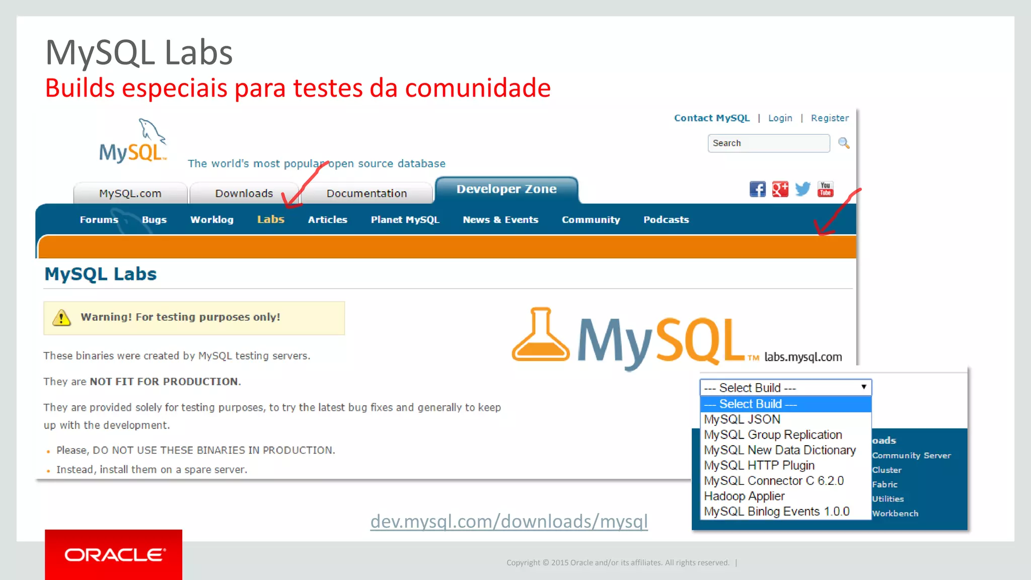 Copyright © 2015 Oracle and/or its affiliates. All rights reserved. |
MySQL Labs
Builds especiais para testes da comunidade
dev.mysql.com/downloads/mysql
 