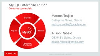 Copyright © 2014 Oracle and/or its affiliates. All rights reserved. | 
MySQL Enterprise Edition 
Contatos comerciais 
Marcos Trujillo 
Enterprise Sales, Oracle 
marcos.trujillo@oracle.com 
Alison Rabelo 
OEM/ISV Sales, Oracle 
alison.rabelo@oracle.com 
 