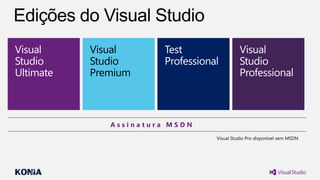 Visual
Studio
Ultimate

Visual
Studio
Premium

Test
Professional

Visual
Studio
Professional

Assinatura MSDN
Visual Studio Pro disponível sem MSDN

 