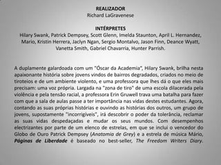 REALIZADORRichardLaGraveneseINTÉRPRETESHilarySwank, PatrickDempsey, ScottGlenn, ImeldaStaunton, April L. Hernandez, Mario, KristinHerrera, JaclynNgan, SergioMontalvo, JasonFinn, DeanceWyatt, VanettaSmith, Gabriel Chavarria, HunterParrish. A duplamente galardoada com um "Óscar da Academia“, HilarySwank, brilha nesta apaixonante história sobre jovens vindos de bairros degradados, criados no meio de tiroteios e de um ambiente violento, e uma professora que lhes dá o que eles mais precisam: uma voz própria. Largada na "zona de tiro" de uma escola dilacerada pela violência e pela tensão racial, a professora ErinGruwell trava uma batalha para fazer com que a sala de aulas passe a ter importância nas vidas destes estudantes. Agora, contando as suas próprias histórias e ouvindo as histórias dos outros, um grupo de jovens, supostamente "incorrigíveis", irá descobrir o poder da tolerância, reclamar as suas vidas despedaçadas e mudar os seus mundos. Com desempenhos electrizantes por parte de um elenco de estrelas, em que se inclui o vencedor do Globo de Ouro PatrickDempsey (Anatomia de Grey) e a estrela de música Mário, Páginas de Liberdade é baseado no best-seller, TheFreedomWritersDiary. 