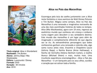 Alice no País das Maravilhas

                                       Escorregue pela toca do coelho juntamente com a Alice
                                       nesta fantástica e nova aventura da Walt Disney Pictures
                                       e Tim Burton. Mágica como sempre, Alice no País das
                                       Maravilhas é uma renovada e imaginativa reviravolta de
                                       uma das mais acarinhadas histórias de todos os tempos.
                                       Alice (Mia Wasikowska), agora com 19 anos, regressa ao
                                       excêntrico mundo que conheceu em criança e embarca
                                       numa viagem para descobrir o seu verdadeiro destino.
                                       Este mundo das maravilhas é um lugar para além da
                                       imaginação e completamente diferente do que alguma
                                       vez se viu. As extraordinárias personagens que todos
                                       conhecemos ganham uma renovada e colorida vida, algo
                                       como nunca antes visto. Encontre o Chapeleiro Louco
Título original: Alice in Wonderland   (Johnny Depp), a Rainha Branca (Anne Hathaway), a
Realizador: Tim Burton                 Rainha de Vermelha (Helena Bonham Carter), o Coelho
Atores: Johnny Depp / Mia              Branco (Michael Sheen) e mais, muitos mais. Uma
Wasikowska                             triunfante experiência cinematográfica – Alice o País das
Editora: Lusomundo / Disney            Maravilhas – é um banquete para os seus olhos, ouvidos
Formato: DVD                           e coração que vai cativar toda a família.
Duração: 84 minutos
Ano: 2010
 