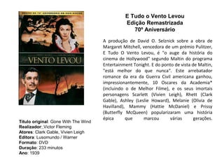 E Tudo o Vento Levou
                                                Edição Remastrizada
                                                   70º Aniversário
                                      A produção de David O. Selznick sobre a obra de
                                      Margaret Mitchell, vencedora de um prémio Pulitzer,
                                      E Tudo O Vento Levou, é "o auge da história do
                                      cinema de Hollywood" segundo Maltin do programa
                                      Entertainment Tonight. E do ponto de vista de Maltin,
                                      "está melhor do que nunca“. Este arrebatador
                                      romance da era da Guerra Civil americana ganhou,
                                      impressionantemente, 10 Oscares da Academia*
                                      (incluindo o de Melhor Filme), e os seus imortais
                                      personagens Scarlett (Vivien Leigh), Rhett (Clark
                                      Gable), Ashley (Leslie Howard), Melanie (Olivia de
                                      Havilland), Mammy (Hattie McDaniel) e Prissy
                                      (Butterfly McQueen) popularizaram uma história
                                      épica      que     marcou      várias       gerações.
Título original: Gone With The Wind
Realizador: Victor Fleming
Atores: Clark Gable, Vivien Leigh
Editora: Lusomundo / Warner
Formato: DVD
Duração: 233 minutos
Ano: 1939
 