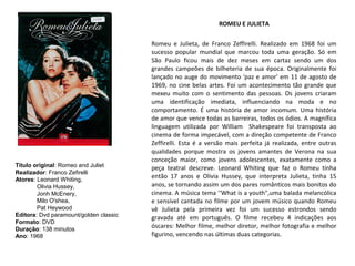 ROMEU E JULIETA

                                        Romeu e Julieta, de Franco Zeffirelli. Realizado em 1968 foi um
                                        sucesso popular mundial que marcou toda uma geração. Só em
                                        São Paulo ficou mais de dez meses em cartaz sendo um dos
                                        grandes campeões de bilheteria de sua época. Originalmente foi
                                        lançado no auge do movimento 'paz e amor' em 11 de agosto de
                                        1969, no cine belas artes. Foi um acontecimento tão grande que
                                        mexeu muito com o sentimento das pessoas. Os jovens criaram
                                        uma identificação imediata, influenciando na moda e no
                                        comportamento. É uma história de amor incomum. Uma história
                                        de amor que vence todas as barreiras, todos os ódios. A magnífica
                                        linguagem utilizada por William Shakespeare foi transposta ao
                                        cinema de forma impecável, com a direção competente de Franco
                                        Zeffirelli. Esta é a versão mais perfeita já realizada, entre outras
                                        qualidades porque mostra os jovens amantes de Verona na sua
                                        conceção maior, como jovens adolescentes, exatamente como a
Título original: Romeo and Juliet       peça teatral descreve. Leonard Whiting que faz o Romeu tinha
Realizador: Franco Zefirelli
Atores: Leonard Whiting,
                                        então 17 anos e Olivia Hussey, que interpreta Julieta, tinha 15
        Olivia Hussey,                  anos, se tornando assim um dos pares românticos mais bonitos do
        Jonh McEnery,                   cinema. A música tema ''What is a youth",uma balada melancólica
        Milo O'shea,                    e sensível cantada no filme por um jovem músico quando Romeu
        Pat Heywood                     vê Julieta pela primeira vez foi um sucesso estrondos sendo
Editora: Dvd paramount/golden classic   gravada até em português. O filme recebeu 4 indicações aos
Formato: DVD
Duração: 138 minutos
                                        óscares: Melhor filme, melhor diretor, melhor fotografia e melhor
Ano: 1968                               figurino, vencendo nas últimas duas categorias.
 