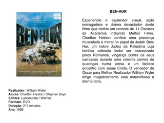 BEN-HUR

                                         Experiencie o esplendor visual, ação
                                         esmagadora e drama devastador deste
                                         filme que detém um recorde de 11 Óscares
                                         da Academia incluindo Melhor Filme.
                                         Charlton Heston confere uma presença
                                         musculada e moral no papel de Judah Ben-
                                         Hur, um nobre Judeu da Palestina cuja
                                         heróica odisseia inclui ser escravizado
                                         pelos Romanos, vingança contra os seus
                                         carrascos durante uma violenta corrida de
                                         quadrigas numa arena e um fatídico
                                         encontro com Jesus Cristo. O vencedor de
                                         Óscar para Melhor Realizador William Wyler
                                         dirige magistralmente esta maravilhosa e
                                         eterna obra.

Realizador: William Wyler
Atores: Charlton Heston / Stephen Boyd
Editora: Lusomundo / Warner
Formato: DVD
Duração: 213 minutos
Ano: 1959
 