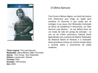O Último Samurai


                                            Tom Cruise é Nelson Algren, um herói da Guerra
                                            Civil Americana que chega ao Japão para
                                            erradicar os Samurais e que acaba por se
                                            entregar à sua causa. Ken Watanabe (nomeado
                                            ao Óscar da Academia) é Katsumoto, um líder
                                            Samurai cujo destino - na sua defesa feroz de
                                            um modo de vida em perigo de extinção – se
                                            une ao do militar americano. Edward Zwick
                                            (galardoado com o prémio de Melhor Realizador
                                            da National Board of Review) é o realizador
                                            desta grandiosa crónica ao mesmo tempo épica
                                            e tocante sobre o nascimento do Japão
                                            moderno.
Título original: The Last Samurai
Realizador: Steve Martino, Mike Thurmeier
Atores: Tom Cruise, Ken Watanabe
Editora: Lusomundo / Warner
Formato: DVD
Duração: 148 minutos
Ano: 2003
 