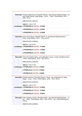 Descrição Poesias heterónimos / Fernando Pessoa ; capa Danuta Wojciechowska ; intr.
org. Auxília Ramos, Zaida Braga. - 1a ed.,. - Porto : Porto Editora,, 2011. -
208 p. 20 cm
ISBN 978-972-0-04974-2
CDU 821.134.3-1"19"
Localização LTPPESPOELIV (ESPAN) - 013996
LTPPESPOELIV (ESPAN) - 013997
LTPPESPOELIV (ESPAN) - 013998
Descrição Frei Luís de Sousa / Almeida Garrett ; il. capa Danuta Wojciechowska. -
Porto : Porto Editora,, 2013. - 119 p. 20 cm
ISBN 978-972-0-04959-9
CDU 821.134.3-2"18"
Localização LTPGARFRELIV (ESPAN) - 013999
LTPGARFRELIV (ESPAN) - 014000
LTPGARFRELIV (ESPAN) - 014001
Descrição O livro de Cesário Verde : (uma selecção) / introd. e notas Ana Maria Amaro.
- Porto : Porto Editora,, 2014. - 95 p. 20 cm
ISBN 978-972-0-04978-0
CDU 821.134.3-1"18"
Localização LTPVERLIVLIV (ESPAN) - 014002
LTPVERLIVLIV (ESPAN) - 014003
LTPVERLIVLIV (ESPAN) - 014004
Descrição Poesias ortónimo / Fernando Pessoa ; introd., org. Auxília Ramos, Zaida
Braga. - 1a ed.. - Porto : Porto Editora,, 2010. - 127 p. 20 cm
ISBN 978-972-0-04973-5
CDU 821.134.3-1"19"
Localização LTPPESPOELIV (ESPAN) - 014005
LTPPESPOELIV (ESPAN) - 014006
LTPPESPOELIV (ESPAN) - 014007
Descrição Falar verdade a mentir / Almeida Garrett ; capa Danuta Wojciechowska. - 1a
ed.,. - Porto : Porto Editora,, 2012. - 64 p. 20 cm. - Ler + Plano Nacional de
Leitura
ISBN 978-972-0-04958-2
 