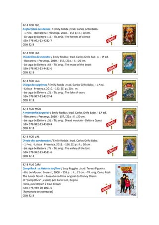 82-3 ROD FLO
As florestas do silêncio / Emily Rodda ; trad. Carlos Grifo Babo.
- 1.ª ed. - Barcarena : Presença, 2010. - 153 p : il. ; 20 cm.
- (A saga de Deltora ; 1). - Tít. orig.: The forests of silence
ISBN 978-972-23-4282-7
CDU 82-3
82-3 ROD LAB
O labirinto do monstro / Emily Rodda ; trad. Carlos Grifo Bab o. - 1ª ed.
- Barcarena : Presença, 2010. - 157, [2] p. : il. ; 20 cm.
- (A saga de Deltora ; 6). - Tít. orig.: The maze of the beast
ISBN 978-972-23-4432-6
CDU 82-3
82-3 ROD LAG
O lago das lágrimas / Emily Rodda ; trad. Carlos Grifo Babo. - 1.ª ed.
- Lisboa : Presença, 2010. - 152, [1] p ; 20 c m.
- (A saga de Deltora ; 2). - Tít. orig.: The lake of tears
ISBN 978-972-23-4267-4
CDU 82-3
82-3 ROD MON
A montanha do pavor / Emily Rodda ; trad. Carlos Grifo Babo. - 1.ª ed.
- Barcarena : Presença, 2010. - 157, [2] p : il. ; 20 cm.
- (A saga de Deltora ; 5). - Tít. orig.: Dread moutain - Deltora Quest
ISBN 978-972-23-4390-9
CDU 82-3
82-3 ROD VAL
O vale dos condenados / Emily Rodda ; trad. Carlos Grifo Babo.
- 1.ª ed. - Lisboa : Presença, 2011. - 156, [1] p : il. ; 20 cm .
- (A saga de Deltora ; 7). - Tít. orig.: Tha valley of the lost
ISBN 978-972-23-4531-6
CDU 82-3
82-3 RUG CAM
Camp Rock : a história do filme / Lucy Ruggles ; trad. Teresa Figueira.
- Rio de Mouro : Everest , 2008. - 159 p. : il. ; 21 cm. - Til. orig. Camp Rock.
The Junior Novel. - Baseado no filme original do Disney Chann
el "Camp Rock" , escrito por Karin Gist, Regina
Hicks, Julie Brown e Paul Brown
ISBN 978-989-50-1051-6
[Romances de aventuras]
CDU 82-3
 