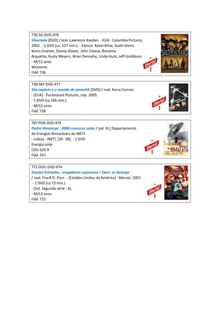736 SIL DVD-476
Silverado [DVD] / real. Lawrence Kasdan. - EUA : Columbia Pictures,
2005. - 1 DVD (ca. 127 min.). - Elenco: Kevin Kline, Scott Glenn,
Kevin Costner, Danny Glover, John Cleese, Rosanna
Arquette, Rusty Meyers, Brian Dennehy, Linda Hunt, Jeff Goldblum.
- M/12 anos
Westerns
FIAF 736
738 SKY DVD-477
Sky captain e o mundo de amanhã [DVD] / real. Kerry Conran.
- [EUA] : Paramount Pictures, cop. 2005.
- 1 DVD (ca 106 min.).
- M/12 anos
FIAF 738
767 POR DVD-479
Padre Himalaya : 2006 concurso solar / [ed. lit.] Departamento
de Energias Renováveis do INETI.
- Lisboa : INETI, [20 08]. - 1 DVD
Energia solar
CDU 620.9
FIAF 767
772 DOU DVD-474
Doutor Estranho : vingadores supremos = Doct or Strange
/ real. Frank D. Paur. - [Estados Unidos da América] : Marvel, 2007.
- 1 DVD (ca 73 min.).
- (Sol. Segunda série ; 6).
- M/12 anos
FIAF 772
 