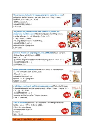 Vir, ver e amar Portugal : retratos de estrangeiros residentes no país /
entrevistas por Luís Antunes ; org. e sel. Book Link. - 1ª ed. - Lisboa :
Book Link, 2015. - 48 p. : il. ; 20 cm.
- (Biblioteca digital).
- ISBN 978-989-99471-2-2
929 --- VIR
100 pessoas que fizeram história : vem conhecer as pessoas que
moldaram o mundo moderno / Ben Gilliland ; consultor Philip Parker ;
trad. Carla Ferraz. - 1.ª ed. - Alfragide : Texto, 2015.
- 128 p. : muito il. ; 29 cm.
- Tít. orig.: 100 people who made history.
- ISBN 978-972-47-5007-1
Pessoas ilustres -- [Biografias]
929 GIL CEM
Fernando Pessoa : um rasgo de génio puro : 1888-1935 / Paulo Marques.
- Lisboa : Parceria A. M. Pereira, 2008.
- 64 p. : il. ; 21 cm.
- (Cadernos Biográficos de Personalidades Portuguesas do Século XX ; 1).
- ISBN 978-972-8645-44-1
929PES MAR FER
O meu primeiro Eça de Queirós / Luísa Ducla Soares ; il. Fátima Afonso.
- 1.ª ed. - Alfragide : Dom Quixote, 2011.
- 53 p. : il. ; 24 cm.
- ISBN 978-972-20-4635-0
Queirós, Eça de -- [Biografias]
929QUE SOA MEU
A admirável aventura de Malala : contada aos jovens / Maria Inês Almeida ;
il. Sandra Lavandeira ; rev. Fernanda Fonseca. - 1.ª ed. - Lisboa : Planeta, 2015.
- 79, [1] p. : il. ; 24 cm.
- ISBN 978-989-657-642-4
Yousafzai, Malala, Biografias / Direitos humanos
929YOU ALM ADM
Atlas de bandeiras / texto de Carla Felgentreff ; trad. Margarida Avillez
Paixão. - Lisboa : O Arco de Diana, [2015].
- 32 p. : il + autocolantes.
- ISBN 978-989-626-665-3
Bandeiras
929.9 FEL ATL
94(100) História Mundial
 