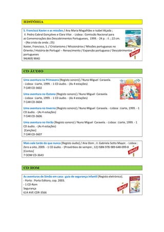 históriahistóriahistóriahistória
S. Francisco Xavier e as missões / Ana Maria Magalhães e Isabel Alçada ;
il. Pedro Cabral Gonçalves e Clara Vilar. - Lisboa : Comissão Nacional para
as Comemorações dos Descobrimentos Portugueses, 1999. - 24 p. : il. ; 22 cm.
- (Na crista da onda ; 25)
Xaxier, Francisco, S. / Cristianismo / Missionários / Missões portuguesas no
Oriente / História de Portugal -- Renascimento / Expansão portuguesa / Descobrimentos
portugueses
94(469) MAG
CD áudioCD áudioCD áudioCD áudio
Uma aventura na Primavera [Registo sonoro] / Nuno Miguel Caravela.
- Lisboa : Liarte, 1999. - 1 CD áudio. - (As 4 estações)
7 CAR CD-3602
Uma aventura no Outono [Registo sonoro] / Nuno Miguel Caravela.
- Lisboa : Liarte, 1999. - 1 CD áudio. - (As 4 estações)
7 CAR CD-3604
Uma aventura no Inverno [Registo sonoro] / Nuno Miguel Caravela. - Lisboa : Liarte, 1999. - 1
CD áudio. - (As 4 estações)
7 CAR CD-3606
Uma aventura no Verão [Registo sonoro] / Nuno Miguel Caravela. - Lisboa : Liarte, 1999. - 1
CD áudio. - (As 4 estações)
[Canções]
7 CAR CD-3607
Mais vale tarde do que nunca [Registo áudio] / Ana Oom ; il. Gabriela Sotto Mayor. - Lisboa :
Zero a oito, 2009. - 1 CD áudio. - (Provérbios de sempre ; 12) ISBN 978-989-648-099-8
[Contos]
7 OOM CD-3643
CD RomCD RomCD RomCD Rom
As aventuras de Simão em casa : guia de segurança infantil [Registo eletrónico].
- Porto : Porto Editora, cop. 2003.
- 1 CD-Rom
Segurança
614 AVE CDR-3566
 