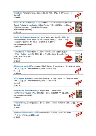Chico Larico / Lília da Fonseca. - Cacém : Ed. Ró, 1980. - 57 p. : il. - (Primavera ; 1)
[Contos]
82-3 FON
O clube das chaves dá tempo ao tempo / Maria Teresa Maia Gonzalez, Maria do
Rosário Pedreira ; il. Luís Auglin. - Lisboa : Verbo, 1990. - 196, [3] p. : il. ; 19 cm.
- (O clube das chaves ; 2) ISBN 972-22-1240-0
[Romances de aventuras]
82-3 GON
O clube das chaves entra em acção / Maria Teresa Maia González, Maria do
Rosário Pedreira ; il. Luís Anglin. - 5.ª ed. - Lisboa : Verbo, D.L. 1991. - 170, [1] p.
: il. ; 20 cm. - (O clube das chaves ; 1) ISBN 972-22-1239-7
[Romances de aventuras]
82-3 GON
Leónia devora os livros / Texto de Lurence Herbert ; il. de Frédéric du Bus.
- 2.ª ed. - [Lisboa] : Caminho, 2008. - 23 p. - Trad de: Léonie dévore les livres
ISBN 978-972-21-0798-3
[Contos]
82-3 HER
O homem de pão-de-ló / contadas por Nicola Baxter ; il. Tony Kenyon. - S.l. : Anytime Books,
1995. - [28] p. : il. - (Fairy Tales Castle) ISBN 1-55185-788-x
[Contos]
82-3 HOM
João e o pé de feijão / contadas por Nicola Baxter ; il. Tony Kenyon. - S.l. : Anytime Books,
1995. - [28] p. : il. - (Fairy Tales Castle) ISBN 1-55185-792-8
[Contos]
82-3 JOA
O mistério das bonecas Kachina / Carolyn Keene. - Linda-a-Velha :
Abril/Controljornal, cop. 1997. - 136, [8] p. - (Diana D ; 2) ISBN 972-611-253-2
[Romances de aventuras]
82-3 KEE
Fadas contadas / José Jorge Letria. - 1.ª ed. - Sintra : Câmara Municipal, 1988. - [38] p. : il.
[Contos]
82-3 LET
O camelo vaidoso e outras histórias / Maria Emília V. Lopes. - Lisboa : Ró, 1980.
- 71 p. : il. - (Primavera ; 2) [Contos]
82-3 LOP
 