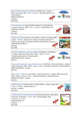 Que bom que é pequeno ser pequenino / Molly Cross. - Espanha :
RBA - Lusomundo, 1992. - 31 p. : il. ; 23 cm. - (Aprende diverte-te ; 2)
(Rua Sésamo)
ISBN 972-8501-06-4
[Contos]
82-3 CRO
Anita muda de casa / texto de Gilbert Delahaye ; il. Marcel Marlier.
- Lisboa : Verbo, D.L. 2000. - 21 p. : il. ; 26 cm. - (Verbo infantil ; 22)
ISBN 972-22-1579-5
[Contos]
82-3 DEL
O boneco da Molly / adap. por Laura Driscoll. - [Porto] : Civilização, 2009.
- [26] p. : muito il. - (Pigi e os seus amigos). - Baseado na série da TV
"Pigi e os seus amigos" criada por Parthenon Entertainment Group Ltd
ISBN 978-972-26-2873-0
[Contos]
82-3 DRI
O concurso de pintura : procurar soluções / Dan Elliott ; il. Joe Mathieu.
- [Lisboa] : RBA-Lusomundo, 1998. - [28] p. : muito il. ; 23 cm.
- (Aprende divertindo-te ; 9) (Rua Sésamo)
ISBN 972-8501-04-8 [Contos]
82-3 ELL
Um aniversário diferente : pequenas diferenças! / Dan Elliott ; il. Normand Chartier. - [Lisboa]
: RBA-Lusomundo, 1998. - [28] p. : muito il. ; 23 cm. - (Aprende divertindo-te ; 4) (Rua Sésamo)
ISBN 972-97687-9-X [Contos]
82-3 ELL
Onde está o meu boneco? / Dan Elliott ; il. Normand Chartier. - [Lisboa] : RBA-Lusomundo,
2003. - [28] p. : muito il. ; 23 cm. - (Aprende divertindo-te ; 16) (Rua Sésamo)
ISBN 84-473-4188-7 [Contos]
82-3 ELL
O gato Pompom / Lucienne Erville ; il. Marcel Marlier. - Lisboa : Verbo, 19??.
- 19 p. : il. ; 18 cm. - (Verbo infantil ; 4)
Animais -- [Contos]
82-3 ERV
A história de Dona Lavandisca Alvéola / Manuel Mouta Faria ; colab. Maria
José Costa, Hervé Hette. - 1.ª ed. - Gaia : Parque Biológico, 2001.
- 39, [1] p. : il. ; 25 cm
ISBN 972-98791-1-7
[Contos]
82-3 FAR
 