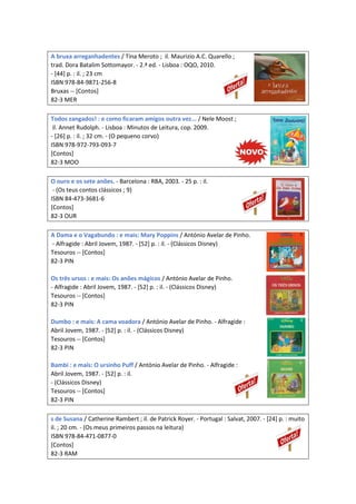 A bruxa arreganhadentes / Tina Meroto ; il. Maurizio A.C. Quarello ;
trad. Dora Batalim Sottomayor. - 2.ª ed. - Lisboa : OQO, 2010.
- [44] p. : il. ; 23 cm
ISBN 978-84-9871-256-8
Bruxas -- [Contos]
82-3 MER
Todos zangados! : e como ficaram amigos outra vez... / Nele Moost ;
il. Annet Rudolph. - Lisboa : Minutos de Leitura, cop. 2009.
- [26] p. : il. ; 32 cm. - (O pequeno corvo)
ISBN 978-972-793-093-7
[Contos]
82-3 MOO
O ouro e os sete anões. - Barcelona : RBA, 2003. - 25 p. : il.
- (Os teus contos clássicos ; 9)
ISBN 84-473-3681-6
[Contos]
82-3 OUR
A Dama e o Vagabundo : e mais: Mary Poppins / António Avelar de Pinho.
- Alfragide : Abril Jovem, 1987. - [52] p. : il. - (Clássicos Disney)
Tesouros -- [Contos]
82-3 PIN
Os três ursos : e mais: Os anões mágicos / António Avelar de Pinho.
- Alfragide : Abril Jovem, 1987. - [52] p. : il. - (Clássicos Disney)
Tesouros -- [Contos]
82-3 PIN
Dumbo : e mais: A cama voadora / António Avelar de Pinho. - Alfragide :
Abril Jovem, 1987. - [52] p. : il. - (Clássicos Disney)
Tesouros -- [Contos]
82-3 PIN
Bambi : e mais: O ursinho Puff / António Avelar de Pinho. - Alfragide :
Abril Jovem, 1987. - [52] p. : il.
- (Clássicos Disney)
Tesouros -- [Contos]
82-3 PIN
s de Susana / Catherine Rambert ; il. de Patrick Royer. - Portugal : Salvat, 2007. - [24] p. : muito
il. ; 20 cm. - (Os meus primeiros passos na leitura)
ISBN 978-84-471-0877-0
[Contos]
82-3 RAM
 