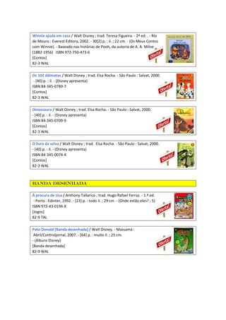 Winnie ajuda em casa / Walt Disney ; trad. Teresa Figueira. - 2ª ed. . - Rio
de Mouro : Everest Editora, 2002. - 30[2] p. : il. ; 22 cm. - (Os Meus Contos
com Winnie). - Baseado nas histórias de Pooh, da autoria de A. A. Milne
(1882-1956) ISBN 972-750-473-6
[Contos]
82-3 WAL
Os 102 dálmatas / Walt Disney ; trad. Elsa Rocha. - São Paulo : Salvat, 2000.
- [40] p. : il. - (Disney apresenta)
ISBN 84-345-0789-7
[Contos]
82-3 WAL
Dinossauro / Walt Disney ; trad. Elsa Rocha. - São Paulo : Salvat, 2000.
- [40] p. : il. - (Disney apresenta)
ISBN 84-345-0709-9
[Contos]
82-3 WAL
O livro da selva / Walt Disney ; trad. Elsa Rocha. - São Paulo : Salvat, 2000.
- [40] p. : il. - (Disney apresenta)
ISBN 84-345-0074-4
[Contos]
82-3 WAL
Banda desenhada
À procura de Lisa / Anthony Tallarico ; trad. Hugo Rafael Ferraz. - 1.ª ed.
- Porto : Edinter, 1992. - [23] p. : todo il. ; 29 cm. - (Onde estão eles? ; 5)
ISBN 972-43-0194-X
[Jogos]
82-9 TAL
Pato Donald [Banda desenhada] / Walt Disney. - Massamá :
Abril/Controljornal, 2007. - [64] p. : muito il. ; 25 cm.
- (Albuns Disney)
[Banda desenhada]
82-9 WAL
 