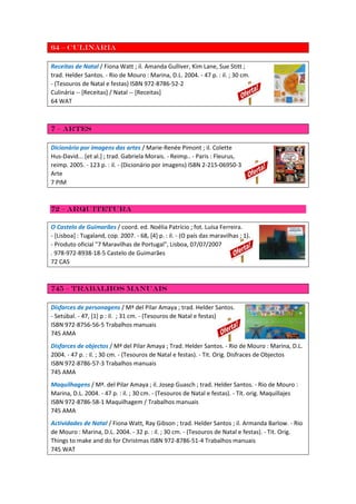 64 – Culinária
Receitas de Natal / Fiona Watt ; il. Amanda Gulliver, Kim Lane, Sue Stitt ;
trad. Helder Santos. - Rio de Mouro : Marina, D.L. 2004. - 47 p. : il. ; 30 cm.
- (Tesouros de Natal e festas) ISBN 972-8786-52-2
Culinária -- [Receitas] / Natal -- [Receitas]
64 WAT
7 – Artes
Dicionário por imagens das artes / Marie-Renée Pimont ; il. Colette
Hus-David... [et al.] ; trad. Gabriela Morais. - Reimp.. - Paris : Fleurus,
reimp. 2005. - 123 p. : il. - (Dicionário por imagens) ISBN 2-215-06950-3
Arte
7 PIM
72 – Arquitetura
O Castelo de Guimarães / coord. ed. Noélia Patrício ; fot. Luísa Ferreira.
- [Lisboa] : Tugaland, cop. 2007. - 68, [4] p. : il. - (O país das maravilhas ; 1).
- Produto oficial "7 Maravilhas de Portugal", Lisboa, 07/07/2007
. 978-972-8938-18-5 Castelo de Guimarães
72 CAS
745 – trabalhos manuais
Disfarces de personagens / Mª del Pilar Amaya ; trad. Helder Santos.
- Setúbal. - 47, [1] p : il. ; 31 cm. - (Tesouros de Natal e festas)
ISBN 972-8756-56-5 Trabalhos manuais
745 AMA
Disfarces de objectos / Mª del Pilar Amaya ; Trad. Helder Santos. - Rio de Mouro : Marina, D.L.
2004. - 47 p. : il. ; 30 cm. - (Tesouros de Natal e festas). - Tit. Orig. Disfraces de Objectos
ISBN 972-8786-57-3 Trabalhos manuais
745 AMA
Maquilhagens / Mª. del Pilar Amaya ; il. Josep Guasch ; trad. Helder Santos. - Rio de Mouro :
Marina, D.L. 2004. - 47 p. : il. ; 30 cm. - (Tesouros de Natal e festas). - Tít. orig. Maquillajes
ISBN 972-8786-58-1 Maquilhagem / Trabalhos manuais
745 AMA
Actividades de Natal / Fiona Watt, Ray Gibson ; trad. Helder Santos ; il. Armanda Barlow. - Rio
de Mouro : Marina, D.L. 2004. - 32 p. : il. ; 30 cm. - (Tesouros de Natal e festas). - Tit. Orig.
Things to make and do for Christmas ISBN 972-8786-51-4 Trabalhos manuais
745 WAT
 