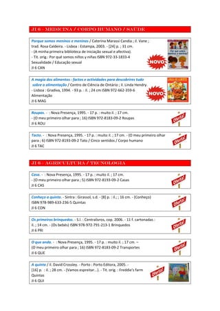 JI 6 – Medicina / Corpo humano / Saúde
Porque somos meninos e meninas / Caterina Marassi Candia ; il. Vane ;
trad. Rosa Caldeira. - Lisboa : Estampa, 2003. - [24] p. ; 31 cm.
- (A minha primeira biblioteca de iniciação sexual e afectiva).
- Tit. orig.: Por qué somos niños y niñas ISBN 972-33-1833-4
Sexualidade / Educação sexual
JI 6 CAN
A magia dos alimentos : factos e actividades para descobrires tudo
sobre a alimentação / Centro de Ciência de Ontário ; il. Linda Hendry.
- Lisboa : Gradiva, 1994. - 93 p. : il. ; 24 cm ISBN 972-662-359-6
Alimentação
JI 6 MAG
Roupas. - : Nova Presença, 1995. - 17 p. : muito il. ; 17 cm.
- (O meu primeiro olhar para ; 16) ISBN 972-8183-09-2 Roupas
JI 6 ROU
Tacto. - : Nova Presença, 1995. - 17 p. : muito il. ; 17 cm. - (O meu primeiro olhar
para ; 6) ISBN 972-8193-09-2 Tato / Cinco sentidos / Corpo humano
JI 6 TAC
JI 6 – Agricultura / Tecnologia
Casa. - : Nova Presença, 1995. - 17 p. : muito il. ; 17 cm.
- (O meu primeiro olhar para ; 5) ISBN 972-8193-09-2 Casas
JI 6 CAS
Conheço a quinta. - Sintra : Girassol, s.d. - [8] p. : il.; ; 16 cm. - (Conheço)
ISBN 978-989-633-236-5 Quintas
JI 6 CON
Os primeiros brinquedos. - S.l. : Centralivros, cop. 2006. - 11 f. cartonadas :
il. ; 14 cm. - (Os bebés) ISBN 978-972-791-213-1 Brinquedos
JI 6 PRI
O que anda. - : Nova Presença, 1995. - 17 p. : muito il. ; 17 cm. –
(O meu primeiro olhar para ; 16) ISBN 972-8183-09-2 Transportes
JI 6 QUE
A quinta / il. David Crossley. - Porto : Porto Editora, 2005. -
[16] p. : il. ; 28 cm. - (Vamos espreitar...). - Tit. orig. : Freddie's farm
Quintas
JI 6 QUI
 