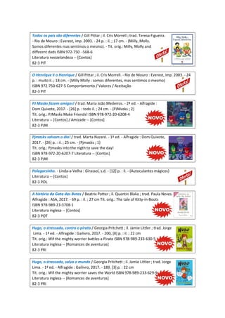 Todos os pais são diferentes / Gill Pittar ; il. Cris Morrell ; trad. Teresa Figueira.
- Rio de Mouro : Everest, imp. 2003. - 24 p. : il. ; 17 cm. - (Milly, Molly.
Somos diferentes mas sentimos o mesmo). - Tit. orig.: Milly, Molly and
different dads ISBN 972-750 -568-6
Literatura neozelandeza -- [Contos]
82-3 PIT
O Henrique é o Henrique / Gill Pittar ; il. Cris Morrell. - Rio de Mouro : Everest, imp. 2003. - 24
p. : muito il. ; 18 cm. - (Milly Molly : somos diferentes, mas sentimos o mesmo)
ISBN 972-750-627-5 Comportamento / Valores / Aceitação
82-3 PIT
PJ Masks fazem amigos! / trad. Maria João Medeiros. - 2ª ed. - Alfragide :
Dom Quixote, 2017. - [26] p. : todo il. ; 24 cm. - (PJMasks ; 2)
Tít. orig.: PJMasks Make Friends! ISBN 978-972-20-6208-4
Literatura -- [Contos] / Amizade -- [Contos]
82-3 PJM
Pjmasks salvam o dia! / trad. Marta Nazaré. - 1ª ed. - Alfragide : Dom Quixote,
2017. - [26] p. : il. ; 25 cm. - (Pjmasks ; 1)
Tít. orig.: Pjmasks into the nigth to save the day!
ISBN 978-972-20-6207-7 Literatura -- [Contos]
82-3 PJM
Polegarzinho. - Linda-a-Velha : Girassol, s.d. - [12] p. : il. - (Autoculantes mágicos)
Literatura -- [Contos]
82-3 POL
A história da Gata das Botas / Beatrix Potter ; il. Quentin Blake ; trad. Paula Neves. - 1ª ed. -
Alfragide : ASA, 2017. - 69 p. : il. ; 27 cm Tít. orig.: The tale of Kitty-in-Boots
ISBN 978-989-23-3708-1
Literatura inglesa -- [Contos]
82-3 POT
Hugo, o stressado, contra o pirata / Georgia Pritchett ; il. Jamie Littler ; trad. Jorge
Lima. - 1ª ed. - Alfragide : Gailivro, 2017. - 200, [8] p. : il. ; 22 cm
Tít. orig.: Wif the mighty worrier battles a Pirate ISBN 978-989-233-630-5
Literatura inglesa -- [Romances de aventuras]
82-3 PRI
Hugo, o stressado, salva o mundo / Georgia Pritchett ; il. Jamie Littler ; trad. Jorge
Lima. - 1ª ed. - Alfragide : Gailivro, 2017. - 189, [3] p. : 22 cm
Tít. orig.: Wif the mighty worrier saves the World ISBN 978-989-233-629-9
Literatura inglesa -- [Romances de aventuras]
82-3 PRI
 