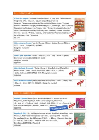91 – geografia
O livro das viagens / texto de Giuseppe Zanini ; il. Tony Wolf. - Mem Martins :
Anagrama, 1988. - 77 p. : il.. - (Quem pergunta quer saber)
Geografia / Viagens de exploração / Escandinávia / Reino Unido / França /
Espanha / Alemanha / Suíça / Holanda / Bélgica / Luxemburgo / Itália / Grécia /
Rússia / África / Arábia / Irão / Israel / Índia / China / Himalaias / Indonésia /
Japão / Tailândia / Polinésia / Austrália / Nova Zelândia / Estados Unidos da
América / Canadá / Árctico / México / América Central / Venezuela / Brasil /
Peru / Bolívia / Chile / Argentina
91 ZAN
Atlas escolar universal / [ed. lit.] Everest Editora. - Lisboa : Everest Editora,
2000. - 144 p. : il. ISBN 972-750-544-9
Geografia mundial 3
912 ATL
Como "gira" o mundo. - Lisboa : Didáctica, 2005. - 63 p. : muito il. - (Atlas
Elementar temático) ISBN 972-650-658-1
Geografia mundial
912 COM
Atlas ilustrado do mundo / Richard Kemp ; il Brian Delf ; trad. Maria Alice
Moura Bessa. - 5.ª ed. - Porto : Civilização, 1996. - 80 p. : il. ; 36 cm.
- (Atlas ilustrados) ISBN 972-26-0476-7 Geografia mundial
912 KEM
Atlas mundial ilustrado / Molly Perham e Philip Steele. - Lisboa : Ambar, 1993.
- 80 p. : il. ; 33 cm ISBN 972-43-0217-2 Geografia mundial
912 PER
929 – biografias
Florbela Espanca [Revista] / dir. Rui Mateus Pereira ; autoria Ana Maria
Magalhães, Isabel Alçada ; il. Pedro Cabral Gonçalves, Clara Vilar.
- 2.ª Série N.º 3 (Verão de 2004). - [Lisboa] : IPLB, 2004. - 22 cm. - Trimestral
ISSN 1645-8753 Espanca, Florbela, 1894-1930 / [Revistas]
929 MAG
Damião de Góis / dir. Rui Mateus Pereira ; autoria Ana Maria Magalhães, Isabel
Alçada ; il. Pedro Cabral Gonçalves, Clara Vilar. - [Lisboa] : IPLB - Instituto
Português do Livro e das Bibliotecas , [2004]- . - 22 cm. - (Na crista da onda ;
2.ª Série N.º 2 de 2004). – Trimestral ISSN 1645-8753 Góis,
Damião de, 1502-1571 / [Revistas]
929 MAG
 