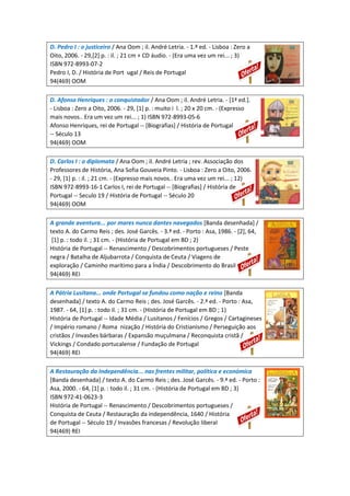 D. Pedro I : o justiceiro / Ana Oom ; il. André Letria. - 1.ª ed. - Lisboa : Zero a
Oito, 2006. - 29,[2] p. : il. ; 21 cm + CD áudio. - (Era uma vez um rei... ; 3)
ISBN 972-8993-07-2
Pedro I, D. / História de Port ugal / Reis de Portugal
94(469) OOM
D. Afonso Henriques : o conquistador / Ana Oom ; il. André Letria. - [1ª ed.].
- Lisboa : Zero a Oito, 2006. - 29, [1] p. : muito i l. ; 20 x 20 cm. - (Expresso
mais novos.. Era um vez um rei... ; 1) ISBN 972-8993-05-6
Afonso Henriques, rei de Portugal -- [Biografias] / História de Portugal
-- Século 13
94(469) OOM
D. Carlos I : o diplomata / Ana Oom ; il. André Letria ; rev. Associação dos
Professores de História, Ana Sofia Gouveia Pinto. - Lisboa : Zero a Oito, 2006.
- 29, [1] p. : il. ; 21 cm. - (Expresso mais novos.. Era uma vez um rei... ; 12)
ISBN 972-8993-16-1 Carlos I, rei de Portugal -- [Biografias] / História de
Portugal -- Seculo 19 / História de Portugal -- Século 20
94(469) OOM
A grande aventura... por mares nunca dantes navegados [Banda desenhada] /
texto A. do Carmo Reis ; des. José Garcês. - 3.ª ed. - Porto : Asa, 1986. - [2], 64,
[1] p. : todo il. ; 31 cm. - (História de Portugal em BD ; 2)
História de Portugal -- Renascimento / Descobrimentos portugueses / Peste
negra / Batalha de Aljubarrota / Conquista de Ceuta / Viagens de
exploração / Caminho marítimo para a Índia / Descobrimento do Brasil
94(469) REI
A Pátria Lusitana... onde Portugal se fundou como nação e reino [Banda
desenhada] / texto A. do Carmo Reis ; des. José Garcês. - 2.ª ed. - Porto : Asa,
1987. - 64, [1] p. : todo il. ; 31 cm. - (História de Portugal em BD ; 1)
História de Portugal -- Idade Média / Lusitanos / Fenícios / Gregos / Cartagineses
/ Império romano / Roma nização / História do Cristianismo / Perseguição aos
cristãos / Invasões bárbaras / Expansão muçulmana / Reconquista cristã /
Vickings / Condado portucalense / Fundação de Portugal
94(469) REI
A Restauração da Independência... nas frentes militar, política e económica
[Banda desenhada] / texto A. do Carmo Reis ; des. José Garcês. - 9.ª ed. - Porto :
Asa, 2000. - 64, [1] p. : todo il. ; 31 cm. - (História de Portugal em BD ; 3)
ISBN 972-41-0623-3
História de Portugal -- Renascimento / Descobrimentos portugueses /
Conquista de Ceuta / Restauração da independência, 1640 / História
de Portugal -- Século 19 / Invasões francesas / Revolução liberal
94(469) REI
 