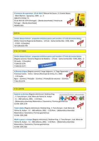 O renascer da esperança : 25 de Abril / Manuel de Sousa ; il. Ernesto Neves.
- Mem Martins : Sporpress, 1999. - p. : il
ISBN 972-97256-7-5
25 de Abril de 1974 (Portugal) -- [Banda desenhada] / História de
Portugal -- [Banda desenhada]
94(469) SOU
DVD
Cantar dançar brincar : propostas artísticas para o pré-escolar e 1º ciclo do ensino básico
[DVD] / Governo Regional da Madeira. - [1ª] ed. - Santa Comba Dão : ECM, 2006.
- 2 DVD : il [Canções]
767 CAN DVD-799
CD áudio
Cantar dançar brincar : propostas artísticas para o pré-escolar e 1º ciclo do ensino básico
[Registo sonoro] / Governo Regional da Madeira. - [1ª] ed. - Santa Comba Dão : ECM, 2006. - 2
CD áudio : il [Canções]
7 CAN CD-2176
7 CAN CD-2177
A floresta d'água [Registo sonoro] / Jorge Salgueiro ; il. Tiago Figueiredo,
Francisco Castro. - Sintra : Câmara Municipal de Sintra, D.L. 2003.
- 1 CD áudio
Água -- [Contos] / Poluição -- [Contos] / Proteção da natureza -- [Contos]
7 SAL CD-2174
CD-ROM
Explorar as formas [Registo eletrónico] / Andrew King
; il. Tony Kenyon ; trad. Maria de Fátima St. Aubyn.
- S.l. : ABZ editores, 2001. - 1 CD-Rom.
- (Matemática divertida) Matemática / Geometria / Formas geométricas
51 KIN CDR-2179
Tratar dados [Registo eletrónico] / Andrew King ; il. Tony Kenyon ; trad. Maria de
Fátima St. Aubyn. - S.l. : ABZ editores, 2001. - 1 CD-Rom. - (Matemática divertida)
Matemática / Geometria / Formas geométricas
51 KIN CDR-2180
Medir o peso e o tempo [Registo eletrónico] / Andrew King ; il. Tony Kenyon ; trad. Maria de
Fátima St. Aubyn. - S.l. : ABZ editores, 2001. - 1 CD-Rom. - (Matemática divertida)
Matemática / Geometria / Formas geométricas
51 KIN CDR-2181
 
