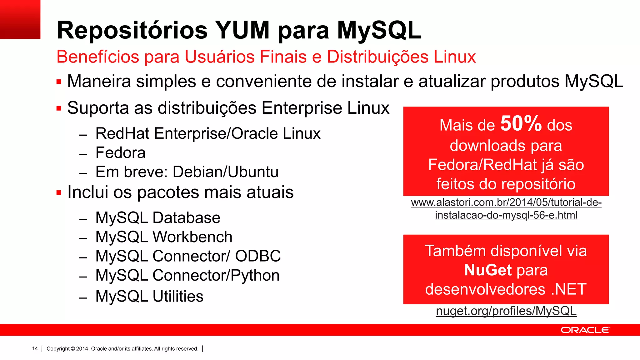 Copyright © 2014, Oracle and/or its affiliates. All rights reserved.14
Repositórios YUM para MySQL
 Maneira simples e conveniente de instalar e atualizar produtos MySQL
 Suporta as distribuições Enterprise Linux
– RedHat Enterprise/Oracle Linux
– Fedora
– Em breve: Debian/Ubuntu
 Inclui os pacotes mais atuais
– MySQL Database
– MySQL Workbench
– MySQL Connector/ ODBC
– MySQL Connector/Python
– MySQL Utilities
Benefícios para Usuários Finais e Distribuições Linux
Também disponível via
NuGet para
desenvolvedores .NET
Mais de 50% dos
downloads para
Fedora/RedHat já são
feitos do repositório
nuget.org/profiles/MySQL
www.alastori.com.br/2014/05/tutorial-de-
instalacao-do-mysql-56-e.html
 