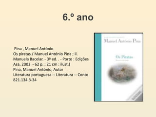 6.º ano
Pina , Manuel António
Os piratas / Manuel António Pina ; il.
Manuela Bacelar. - 3ª ed. . - Porto : Edições
Asa, 2003. - 62 p. ; 21 cm : ilust.)
Pina, Manuel António, Autor
Literatura portuguesa -- Literatura -- Conto
821.134.3-34
 