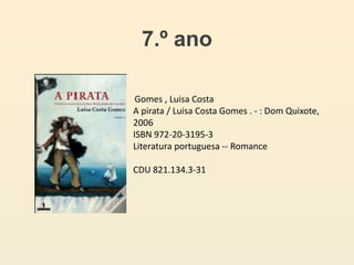 7.º ano
Gomes , Luisa Costa
A pirata / Luisa Costa Gomes . - : Dom Quixote,
2006
ISBN 972-20-3195-3
Literatura portuguesa -- Romance
CDU 821.134.3-31
 