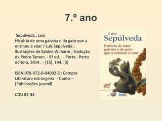 7.º ano
Sepúlveda , Luís
História de uma gaivota e do gato que a
ensinou a voar / Luís Sepúlveda ;
ilustrações de Sabine Wilharm ; tradução
de Pedro Tamen. - 9ª ed. . - Porto : Porto
editora, 2014 . - [15], 144, [3]
ISBN 978-972-0-04092-3 : Compra
Literatura estrangeira -- Conto --
[Publicações juvenil]
CDU 82-34
 