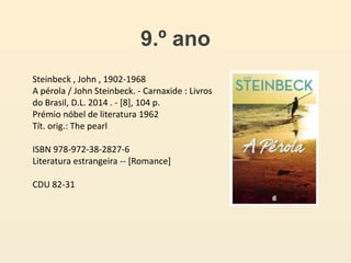 9.º ano
Steinbeck , John , 1902-1968
A pérola / John Steinbeck. - Carnaxide : Livros
do Brasil, D.L. 2014 . - [8], 104 p.
Prémio nóbel de literatura 1962
Tít. orig.: The pearl
ISBN 978-972-38-2827-6
Literatura estrangeira -- [Romance]
CDU 82-31
 