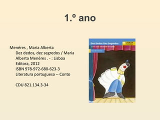 Menéres , Maria Alberta
Dez dedos, dez segredos / Maria
Alberta Menéres . - : Lisboa
Editora, 2012
ISBN 978-972-680-623-3
Literatura portuguesa -- Conto
CDU 821.134.3-34
1.º ano
 