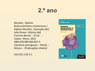 2.º ano
Muralha , Sidónio
Bichos bichinhos e bicharocos /
Sidónio Muralha ; Ilustração [de]
Júlio Pomar ; Música [de]
Francine Benoit. - 3ª ed. . -
Lisboa : Altum, 2012
ISBN 978-989-683-027-4
Literatura portuguesa -- Poesia --
Música -- [Publicações infantis]
CDU 821.134.3-1
 