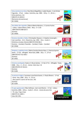 Uma aventura na mina / Ana Maria Magalhães e Isabel Alçada ; il. de Arlindo
Fagundes. - 6ª ed. - Lisboa : Caminho, cop. 1984. - 142 p. : il. ; 18 cm. –
(Uma aventura ; 11)
ISBN 972-21-0010-6
[Romances de aventuras]
82-3 MAG
Dez dedos dez segredos / Maria Alberta Menéres ; il. Connie Fischer.
- Lisboa : Lisboa Editora, 2010. - 48 p. : il + 1 CD
ISBN 978-972-680-623-3
[Contos]
82-3 MEN
Gnomos duendes e fadas / Christopher Rawson ; il. Stephen Cartwright ;
trad. José Reis. - [S.l.] : Resomnia, cop. 1992. - 32 p. : muito il. –
(Histórias e lendas infantis) ISBN 972-9310-86-6
Gnomos -- [Lendas] / Duendes -- [Lendas] / Fadas -- [Lendas]
82-3 RAW
Pimpona, a galinha tonta / Maria Carolina Pereira Rosa ; il. Patrícia Espírito
Santo. - 2.ª ed. - Alfragide : Nova Gaia, 2008. - 29 p. : il. ; 27 cm
ISBN 978-972-712-358-2
[Contos]
82-3 ROS
A lesma constipada / texto e il. Bruno Santos. - 1.ª ed, 2.ª tir. - Alfragide : Texto,
2008. - 32 p. : il. ; 21 cm. - (Júnior. Série Azul ; 4)
ISBN 978-972-47-3514-6
[Contos]
82-3 SAN
A vassoura mágica / escreveu Luísa Ducla Soares ; il. Paula Oliveira. - 3.ª ed.
- Porto : Asa, 1990. - 29 p. : il. ; 22 cm.
- (Asa juvenil / coord. de Ilse Losa ; 29)
[Contos]
82-3 SOA
O sapo apaixonado / Max Velthuijs ; trad. José Oliveira. - 3.ª ed. - Lisboa :
Caminho, 2004. - [25] p. : muito il. ; 24 cm. - (Livros do arco-íris).
- Tít. orig.: Frog in love
ISBN 972-21-1069-1
Cota: 82-3 VEL

2 exemplares

 