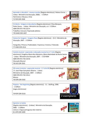 Aprender e descobrir : museus escolas [Registo eletrónico] / Helena Ferraz. –
Lisboa : Ministério da Educação, 2000) . - 1 CDRom
Património / Museus / Arte
72 FER CDR-3500
31 Alerta : imágens à descoberta [Registo eletrónico] / Elisa Marques,
Pedro Sousa . - Lisboa : Ministério da Educação, s.d.- 1 CDRom
ISBN 978-972-742-252-4
Trabalhos manuais / Expressão plástica
745 MAR CDR-3497
Vamos ler imagens : imagens fixas [Registo eletrónico]. - [S.l.] : Ministério da
Educação, 2007. - 2 CDRom
Fotografia / Pintura / Publicidade / Imprensa / Cinema / Televisão
77 VAM CDR-3514
Castelo musical : expressão e educação musical no 1.º ciclo [Registo
eletrónico] / Angélica Maria Reis Monteiro, Maria Natividade da Rocha Santos.
- Lisboa : Ministério da Educação, 2007. - 1 CD-ROM
ISBN 978-972-742-254-8
Educação Musical
78 CAS CDR-3501
CD-rumo à música : expressão musical - 1.º ciclo EB [Registo eletrónico]
/ il. José Filipe Gonçalves Oliveira. - Lisboa :
Ministério da Educação, 2007. - 1 CDRom
ISBN 978-972-742-256-2
Música
78 CDR CDR-3502
Populus : the beginning [Registo eletrónico]. - S.l. : Bullfrog, 1998.
- 1 CDRom
[Jogos eletrónicos]
79 POP CDR-3510

2 exemplares
Apreciar os textos
[Registo electrónico]. - [Lisboa] : Ministério da Educação,
2006. - 1 CDRom
Leitura / Língua portuguesa não materna
81 APR CDR-3499

 