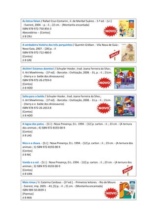 As letras falam / Rafael Cruz-Contarini ; il. de Maribel Suárez. - 5.ª ed. - [s.l.]
: Everest, 2004. - p. : il. ; 22 cm. - (Montanha encantada)
ISBN 978-972-750-856-3
Abecedários -- [Contos]
JI 8 CRU
A verdadeira história dos três porquinhos / Quentin Gréban. - Vila Nova de Gaia :
Nova Gaia, 2007. - [28] p. : il
ISBN 978-972-712-480-0
[Contos]
JI 8 GRE
Atchim! Estamos doentes! / Schuyler Hooke ; trad. Joana Ferreira da Silva ;
il. Art Mawhinney. - [1ª ed]. - Barcelos : Civilização, 2008. - 31, p. : il. ; 21cm.
- (Harry e o balde dos dinossauros)
ISBN 978-972-26-2703-0
[Contos]
JI 8 HOO
Salta para o balde / Schuyler Hooke ; trad. Joana Ferreira da Silva ;
il. Art Mawhinney. - [1ª ed]. - Barcelos : Civilização, 2008. - 31 p. : il. ; 21cm.
- (Harry e o balde dos dinossauros)
ISBN 978-972-26-2653-8
[Contos]
JI 8 HOO
A lagoa dos patos. - [S.l.] : Nova Presença, D.L. 1994. - [12] p. carton. : il. ; 23 cm. - (A ternura
dos animais ; 4) ISBN 972-8193-00-9
[Contos]
JI 8 LAG
Nico e a chuva. - [S.l.] : Nova Presença, D.L. 1994. - [12] p. carton. : il. ; 23 cm. - (A ternura dos
animais ; 1) ISBN 972-8193-00-9
[Contos]
JI 8 NIC
Vanda e o sol. - [S.l.] : Nova Presença, D.L. 1994. - [12] p. carton. : il. ; 23 cm. - (A ternura dos
animais ; 3) ISBN 972-8193-00-9
[Contos]
JI 8 VAN
Mais rimas / il. Catarina Cardoso. - [1ª ed.]. - Primeiros leitores. - Rio de Mouro
: Everest, imp. 2005. - 43, [5] p. : il. ; 21 cm. - (Montanha encantada)
ISBN 989-50-0039-1
[Poemas]
JI 8 MAI
 