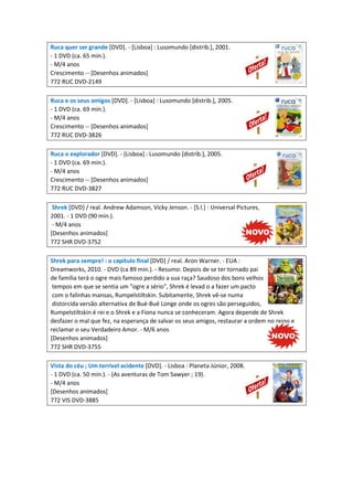 Ruca quer ser grande [DVD]. - [Lisboa] : Lusomundo [distrib.], 2001.
- 1 DVD (ca. 65 min.).
- M/4 anos
Crescimento -- [Desenhos animados]
772 RUC DVD-2149
Ruca e os seus amigos [DVD]. - [Lisboa] : Lusomundo [distrib.], 2005.
- 1 DVD (ca. 69 min.).
- M/4 anos
Crescimento -- [Desenhos animados]
772 RUC DVD-3826
Ruca o explorador [DVD]. - [Lisboa] : Lusomundo [distrib.], 2005.
- 1 DVD (ca. 69 min.).
- M/4 anos
Crescimento -- [Desenhos animados]
772 RUC DVD-3827
Shrek [DVD] / real. Andrew Adamson, Vicky Jenson. - [S.l.] : Universal Pictures,
2001. - 1 DVD (90 min.).
- M/4 anos
[Desenhos animados]
772 SHR DVD-3752
Shrek para sempre! : o capítulo final [DVD] / real. Aron Warner. - EUA :
Dreamworks, 2010. - DVD (ca 89 min.). - Resumo: Depois de se ter tornado pai
de família terá o ogre mais famoso perdido a sua raça? Saudoso dos bons velhos
tempos em que se sentia um "ogre a sério", Shrek é levad o a fazer um pacto
com o falinhas mansas, Rumpelstiltskin. Subitamente, Shrek vê-se numa
distorcida versão alternativa de Bué-Bué Longe onde os ogres são perseguidos,
Rumpelstiltskin é rei e o Shrek e a Fiona nunca se conheceram. Agora depende de Shrek
desfazer o mal que fez, na esperança de salvar os seus amigos, restaurar a ordem no reino e
reclamar o seu Verdadeiro Amor. - M/6 anos
[Desenhos animados]
772 SHR DVD-3755
Vista do céu ; Um terrível acidente [DVD]. - Lisboa : Planeta Júnior, 2008.
- 1 DVD (ca. 50 min.). - (As aventuras de Tom Sawyer ; 19).
- M/4 anos
[Desenhos animados]
772 VIS DVD-3885
 