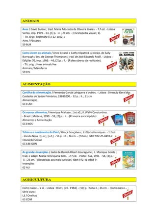 AnimaisAnimaisAnimaisAnimais
Aves / David Burnie ; trad. Maria Adozinda de Oliveira Soares. - 7.ª ed. - Lisboa :
Verbo, imp. 1999. - 63, [1] p. : il. ; 29 cm. - (Enciclopédia visual ; 1).
- Tít. orig.: Bird ISBN 972-22-1102-1
Aves / Pássaros
59 BUR
Como vivem os animais / Anne Civardi e Cathy Kilpatrick ; concep. de Sally
Burrough ; des. de George Thompson ; trad. de José Eduardo Rodil. - Lisboa :
Edições 70, imp. 1986. - 46, [2] p. : il. - (À descoberta da realidade).
- Tít. orig. : How animals live
Animais / Mamíferos
59 CIV
AlimentaçãoAlimentaçãoAlimentaçãoAlimentação
Cartilha da alimentação / Fernando Garcia Lahiguera e outros. - Lisboa : Direcção Geral dos
Cuidados de Saúde Primários, 19881000. - 32 p. : il. ; 21 cm
Alimentação
613 LAH
Os nossos alimentos / Henrique Maltese... [et al] ; il. Wally Constantino.
- Brasil : Maltese, 1990. - 59, [2] p. : il. - (Primeira enciclopédia)
Alimentos / Alimentação
613 NOS
Tchim e o nascimento do Pim! / Graça Gonçalves ; il. Glória Henriques. - 1.ª ed.
- Venda Nova : [s.n.], [s.d.]. - 56 p. : il. ; 26 cm. - (Tchim) ISBN 972-25-0493-2
Educação Sexual
613.88 GON
As grandes invenções / texto de Daniel Alibert-Kouraguine ; il. Monique Gorde ;
trad. e adapt. Maria Henriqueta Brito. - 2.ª ed. - Porto : Asa, 1991. - 58, [3] p. :
il. ; 26 cm. - (Respostas aos mais curiosos) ISBN 972-41-0388-9
Invenções
62 ALI
agriculturaagriculturaagriculturaagricultura
Como nasce... a lã. - Lisboa : Distri, [D.L. 1984]. - [10] p. : todo il. ; 26 cm. - (Como nasce... :
Série ouro)
Lã / Ovelhas
63 COM
 