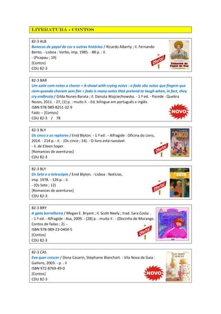 Literatura - Contos
82-3 ALB
Bonecos de papel de cor e outras histórias / Ricardo Alberty ; il. Fernando
Bento. - Lisboa : Verbo, imp. 1985. - 88 p. : il.
- (Picapau ; 19)
[Contos]
CDU 82-3
82-3 BAR
Um xaile com notas a chorar = A shawl with crying notes : o fado são notas que fingem que
riem quando choram sem fim = fado is many notes that pretend to laugh when, in fact, they
cry endlessly / Gilda Nunes Barata ; il. Danuta Wojciechowska. - 1.ª ed. - Parede : Quebra
Nozes, 2011. - 27, [1] p. : muito il. - Ed. bilingue em português e inglês
ISBN 978-989-8251-32-9
Fado -- [Contos]
CDU 82-3 / 78
82-3 BLY
Os cinco e os raptores / Enid Blyton. - 1.ª ed . - Alfragide : Oficina do Livro,
2014. - 214 p. : il. - (Os cinco ; 14). - O livro está razoável.
- il. de Eileen Soper.
[Romances de aventuras]
CDU 82-3
82-3 BLY
Os Sete e o telescópio / Enid Blyton. - Lisboa : Notícias,
imp. 1978. - 126 p. : il.
- (Os Sete ; 12)
[Romances de aventuras]
CDU 82-3
82-3 BRY
A gata borralheira / Megan E. Bryant ; il. Scott Neely ; trad. Sara Costa .
- 1.ª ed. - Alfragide : Asa, 2009. - [28] p. : muito il . - (Docinho de Morango.
Contos de fadas ; 2). -
ISBN 978-989-23-0404-5
[Contos]
CDU 82-3
82-3 CAS
Eva quer crescer / Dona Casarin, Stéphanie Blanchart. - Vila Nova de Gaia :
Gailivro, 2003. - p. : il
ISBN 972-8769-49-0
[Contos]
CDU 82-3
 