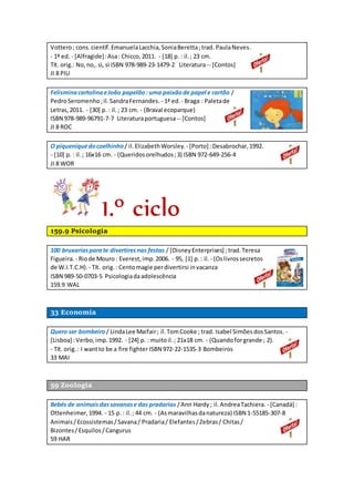 Vottero; cons.científ.EmanuelaLacchia,SoniaBeretta;trad. PaulaNeves.
- 1ª ed. - [Alfragide]:Asa: Chicco,2011. - [18] p. : il.; 23 cm.
Tít. orig.: No,no,.sì, sì ISBN 978-989-23-1479-2 Literatura-- [Contos]
JI 8 PIU
FelisminacartolinaeJoão papelão: uma paixãode papel e cartão /
PedroSeromenho;il.SandraFernandes. - 1ª ed. - Braga : Paletade
Letras,2011. - [30] p. : il.; 23 cm. - (Braval ecoparque)
ISBN 978-989-96791-7-7 Literaturaportuguesa-- [Contos]
JI 8 ROC
O piqueniquedocoelhinho / il.ElizabethWorsley. - [Porto] :Desabrochar,1992.
- [10] p. : il.; 16x16 cm. - (Queridosorelhudos;3) ISBN 972-649-256-4
JI 8 WOR
1.º ciclo
159.9 Psicologia
100 bruxariasparate divertiresnas festas / [DisneyEnterprises] ; trad.Teresa
Figueira. - Riode Mouro : Everest,imp.2006. - 95, [1] p.: il. - (Oslivrossecretos
de W.I.T.C.H). - Tít. orig.: Centomagie perdivertirsi invacanza
ISBN 989-50-0703-5 Psicologiadaadolescência
159.9 WAL
33 Economia
Quero ser bombeiro/ LindaLee Maifair; il.TomCooke ; trad. Isabel SimõesdosSantos. -
[Lisboa] :Verbo,imp.1992. - [24] p. : muitoil.; 21x18 cm. - (Quandoforgrande ; 2).
- Tít. orig.: I wantto be a fire fighter ISBN 972-22-1535-3 Bombeiros
33 MAI
59 Zoologia
Bebés de animaisdassavanase das pradarias /Ann Hardy; il.AndreaTachiera. - [Canadá] :
Ottenheimer,1994. - 15 p. : il.; 44 cm. - (Asmaravilhasdanatureza) ISBN 1-55185-307-8
Animais/Ecossistemas/Savana/ Pradaria/ Elefantes/Zebras/ Chitas/
Bizontes/Esquilos/Cangurus
59 HAR
 