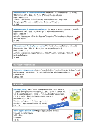 Bebés de animaisdaselvatropical húmida / AnnHardy ; il.AndreaTachiera. - [Canadá] :
Ottenheimer,1994. - 15 p. : il.; 44 cm. - (Asmaravilhasdanatureza)
ISBN 1-55285-311-6
Animais/Ecossistemas/Selva/Florestastropicais/Jaguares/Preguiças/
Orangotangos/ Rinocerontes/Lémures/Ocelotes/Chimpanzés
59 HAR
Bebés de animaisdamontanhae da floresta / AnnHardy ; il. AndreaTachiera. - [Canadá] :
Ottenheimer,1994. - 15 p. : il.; 44 cm. - ( = As maravilhasdanatureza)
ISBN 1-55185-309-4
Animais/Ecossistemas/Florestas/Pandas/ Leopardos/Gorilas/ Coalas/ Lamas /
Abutres/ Tigres
59 HAR
Bebés de animaisdosrios,lagose oceanos / AnnHardy ; il.AndreaTachiera. - [Canadá] :
Ottenheimer,1994. - 15 p : il.; 44 cm. - (Asmaravilhasdanatureza)
ISBN 1-55185-313-2
Animais/Ecossistemas/Lagos/ Oceanos/ Ursos / Pinguins/Tartarugas / Baleias/
Lontras / Pelicanos
59 HAR
611/612 Corpo humano
Era uma vez o corpo humano / ed.lit.AlexandraP.Dias,AntonietaMiranda. - Lisboa: Planeta-
Agostini,2004. - vol.; 27 cm. - Vol.1: Os músculos. - 27, [2] p ISBN 972-747-937-5
Corpohumano
611/612 ERA
613 Saúde
O piscafaz faísca / textoCristinaSilveirade Carvalho;il.Ana Fonseca.
- [Lisboa] :Direcção-Geral daEducação, D.l.2016. - 3 vol.: il.; 20 cm Vol.
1: À descobertanojardim. - 19, [1] p. - Vol.2: À descobertade umpaís.
- 19, [1] p. - Vol.3: À descobertade umfarol. - 19, [1] p
ISBN 978-972-742-401-6
Literaturaportuguesa-- [Contos] /Segurança
-- [Contos] /Segurançana internet -- [Contos]
613 CAR
O meu espelho dasaúde oral / Miguel LopesOliveira. - Lisboa:
FundaçãoSerra Henriques,
2016. - 36 p.
Saúde oral
613 OLI
 