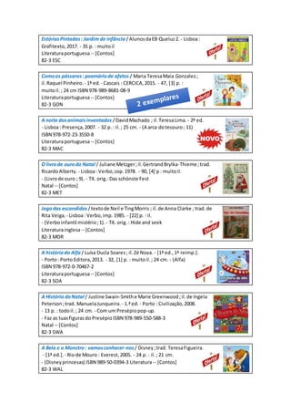 EstóriasPintadas: Jardim de infância /AlunosdaEB Queluz2. - Lisboa:
Grafitexto,2017. - 35 p. : muitoil
Literaturaportuguesa-- [Contos]
82-3 ESC
Comoos pássaros: poemáriode afetos / Maria TeresaMaia Gonzalez;
il.Raquel Pinheiro. - 1ª ed. - Cascais : CERCICA,2015. - 47, [3] p. :
muitoil.; 24 cm ISBN 978-989-8681-08-9
Literaturaportuguesa-- [Contos]
82-3 GON
A noite dosanimaisinventados /DavidMachado ; il.TeresaLima. - 2ª ed.
- Lisboa: Presença,2007. - 32 p. : il.; 25 cm. - (A arca dotesouro; 11)
ISBN 978-972-23-3550-8
Literaturaportuguesa-- [Contos]
82-3 MAC
O livrode ourodo Natal / Juliane Metzger;il.GertrandBrylka-Thieme ;trad.
RicardoAlberty. - Lisboa: Verbo,cop.1978. - 90, [4] p : muitoil.
- (Livrode ouro ; 9). - Tít. orig.:Das schönste Fest
Natal -- [Contos]
82-3 MET
Jogodas escondidas /textode Neil e TingMorris ; il.de Anna Clarke ; trad.de
Rita Veiga. - Lisboa: Verbo,imp.1985. - [22] p. : il.
- (Verboinfantil mistério;1). - Tít. orig.: Hide and seek
Literaturainglesa-- [Contos]
82-3 MOR
A históriado Alfa / Luísa Ducla Soares; il.Zé Nova. - [1ª ed.,1ª reimp.].
- Porto: Porto Editora,2013. - 32, [1] p. : muitoil.; 24 cm. - (Alfa)
ISBN 978-972-0-70467-2
Literaturaportuguesa-- [Contos]
82-3 SOA
A História doNatal / Justine Swain-Smithe Marie Greenwood;il.de Ingela
Peterson;trad. ManuelaJunqueira. - 1.ªed. - Porto : Civilização,2008.
- 13 p. : todoil.; 24 cm. - Com um Presépiopop-up.
- Faz as tuasfigurasdo Presépio ISBN 978-989-550-588-3
Natal -- [Contos]
82-3 SWA
A Bela e o Monstro: vamosconhecer-nos/ Disney;trad. TeresaFigueira.
- [1ª ed.]. - Rio de Mouro : Everest,2005. - 24 p. : il.; 21 cm.
- (Disneyprincesas) ISBN 989-50-0394-3 Literatura-- [Contos]
82-3 WAL
 
